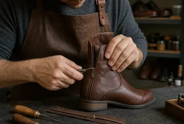 Sapateiro consertando zíper de bota em Araçatuba.