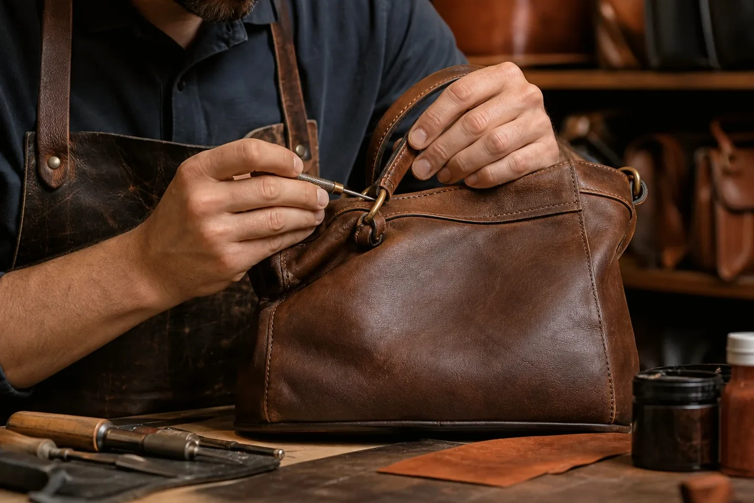 Sapateiro reformando bolsa de couro em Araçatuba.